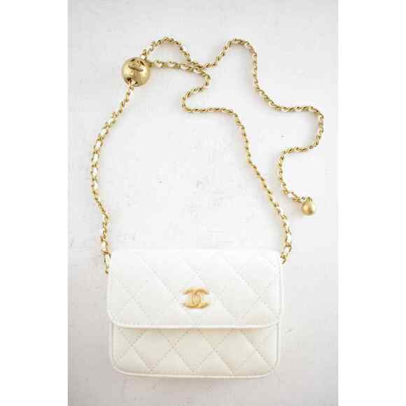 Chanel 22C White Pearl Crush Clutch Mini Chain Classic Gold Card Belt Waist Bag - Picture 6 of 12